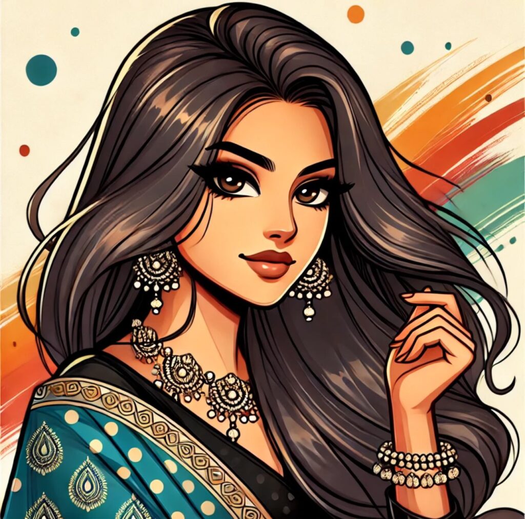 Cartoon-style illustration of a glamorous Indian woman with long, flowing dark hair and expressive eyes. She is dressed in a stylish traditional outfit with elegant jewelry, exuding confidence. The background is vibrant and artistic, blending modern and cultural elements.
