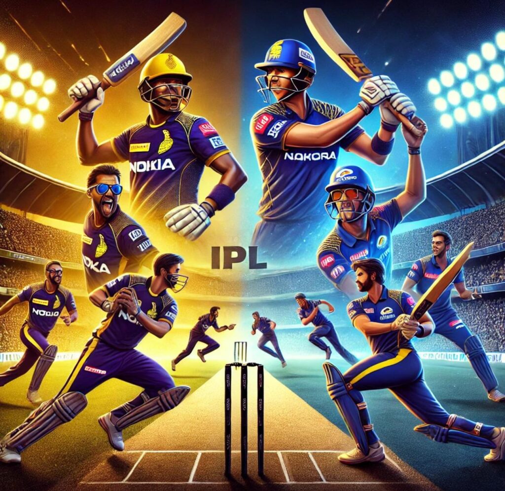 KKR vs MI IPL 2025 clash. It captures the energy and intensity of the rivalry, with both teams in action on the field.